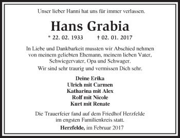 Traueranzeige von Hans Grabia von Märkische Oderzeitung