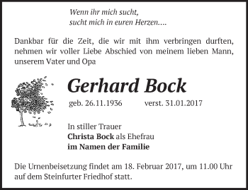 Traueranzeige von Gerhard Bock von Märkische Oderzeitung