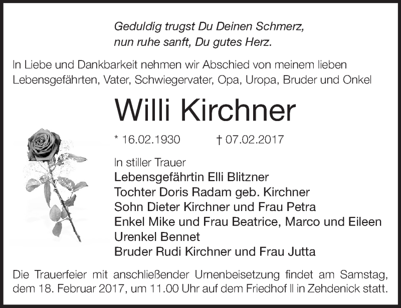 Traueranzeigen von Willi Kirchner