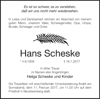 Traueranzeige von Hans Scheske von Märkische Oderzeitung