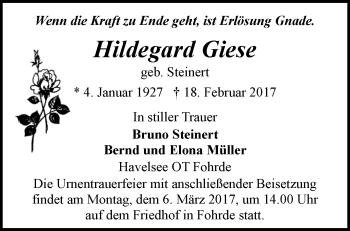 Traueranzeige von Hildegard Giese von Märkische Oderzeitung