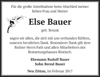 Traueranzeige von Else Bauer von Märkische Oderzeitung