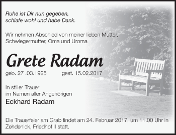 Traueranzeige von Grete Radam von Märkische Oderzeitung