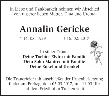 Traueranzeige von Annalin Gericke von Märkische Oderzeitung