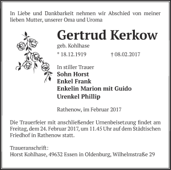 Traueranzeige von Gertrud Kerkow von Märkische Oderzeitung