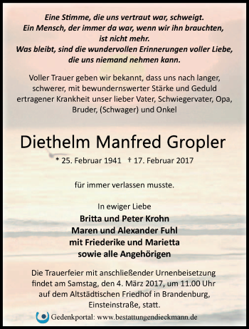 Traueranzeige von Diethelm Manfred Gropler von Märkische Oderzeitung