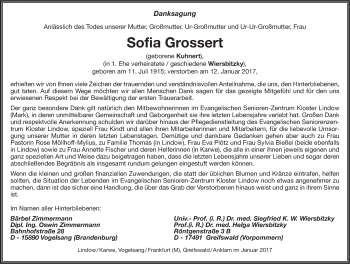 Traueranzeige von Sofia Grossert von Märkische Oderzeitung