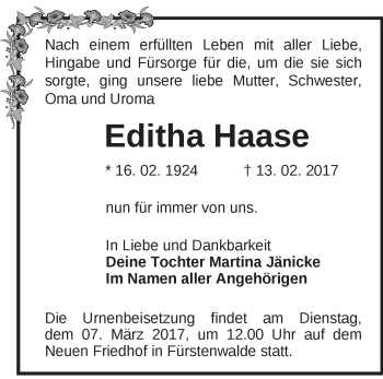 Traueranzeige von Editha Haase von Märkische Oderzeitung