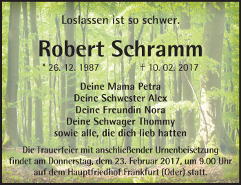 Traueranzeige von Robert Schramm von Märkische Oderzeitung