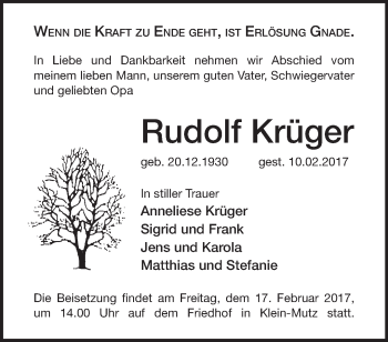 Traueranzeige von Rudolf Krüger von Märkische Oderzeitung