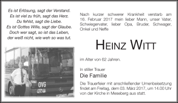 Traueranzeige von Heinz Witt von Märkische Oderzeitung