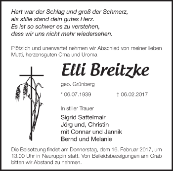 Traueranzeige von Elli Breitzke von Märkische Oderzeitung