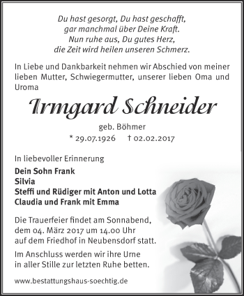 Traueranzeige von Irmgard Schneider von Märkische Oderzeitung