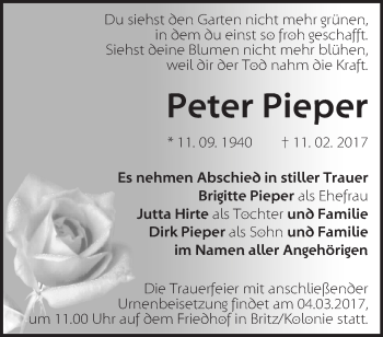 Traueranzeige von Peter Pieper von Märkische Oderzeitung