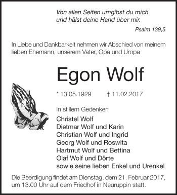 Traueranzeige von Egon Wolf von Märkische Oderzeitung