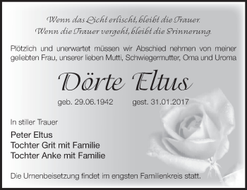 Traueranzeige von Dörte Eltus von Märkische Oderzeitung