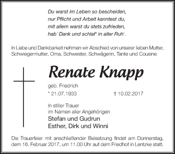 Traueranzeige von Renate Knapp von Märkische Oderzeitung