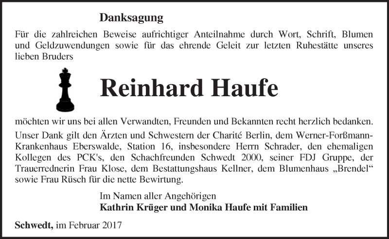  Traueranzeige für Reinhard Haufe vom 26.02.2017 aus Märkische Oderzeitung