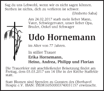 Traueranzeige von Udo Hornemann von Märkische Oderzeitung