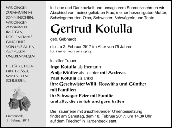 Traueranzeige von Gertrud Kotulla von Märkische Oderzeitung