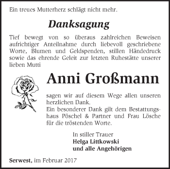 Traueranzeige von Anni Großmann von Märkische Oderzeitung