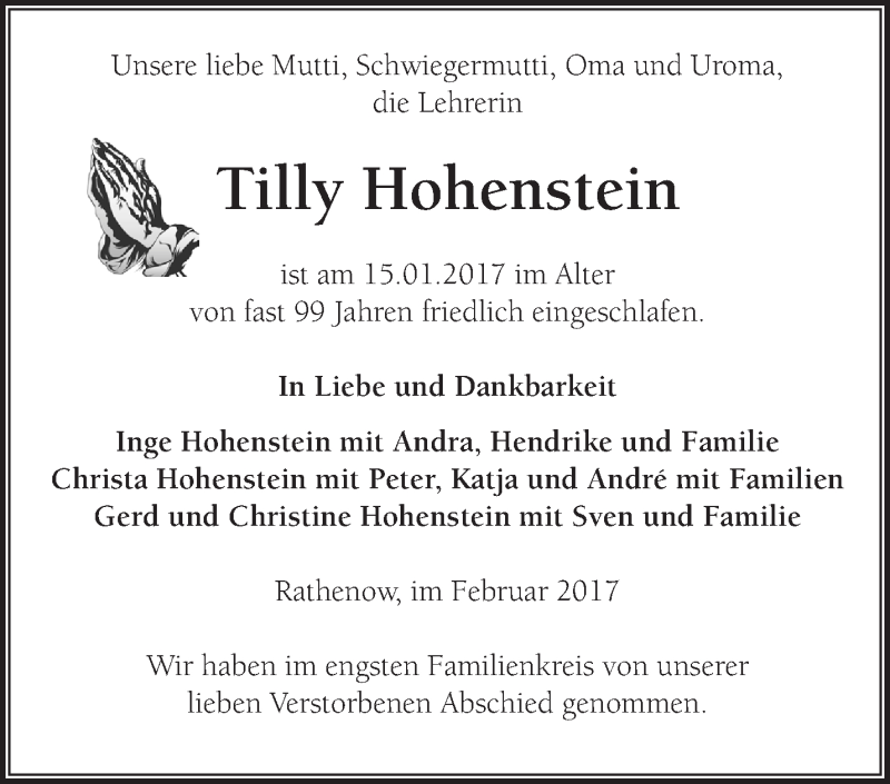  Traueranzeige für Tilly Hohenstein vom 19.02.2017 aus Märkische Oderzeitung