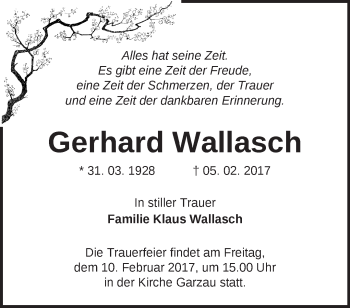 Traueranzeige von Gerhard Wallasch von Märkische Oderzeitung