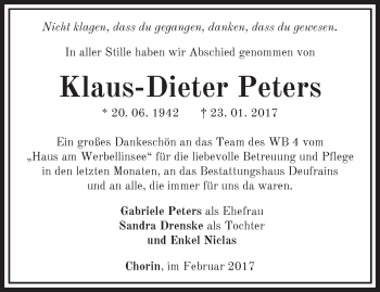 Traueranzeige von Klaus-Dieter Peters von Märkische Oderzeitung