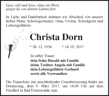 Traueranzeige von Christa Dorn von Märkische Oderzeitung