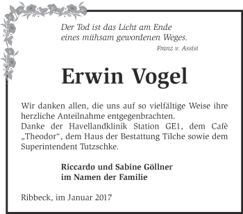 Traueranzeige von Erwin Vogel von Märkische Oderzeitung