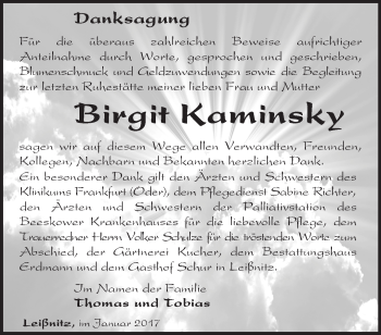 Traueranzeige von Birgit Kaminsky von Märkische Oderzeitung