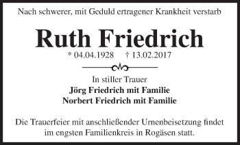 Traueranzeige von Ruth Friedrich von Märkische Oderzeitung