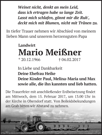 Traueranzeige von Mario Meißner von Märkische Oderzeitung