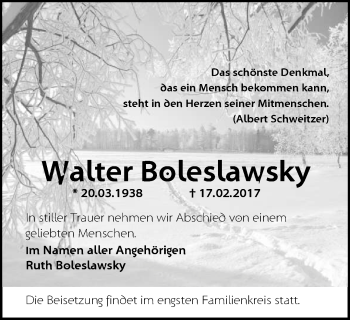 Traueranzeige von Walter Boleslawsky von Märkische Oderzeitung