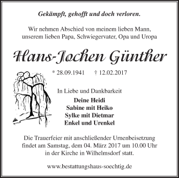 Traueranzeige von Hans-Jochen Günther von Märkische Oderzeitung