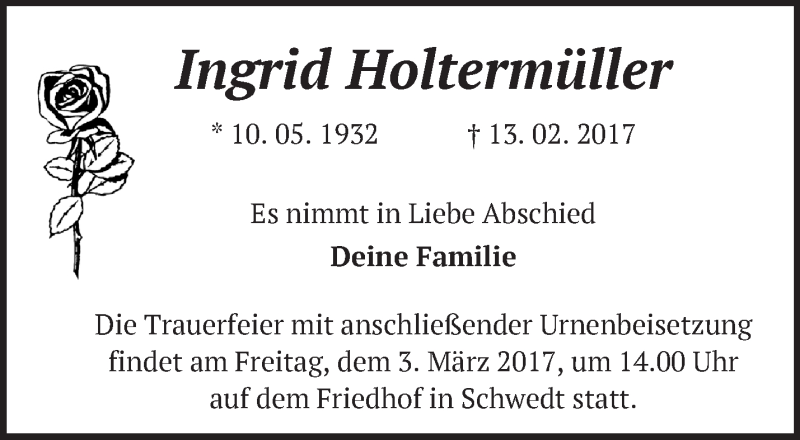  Traueranzeige für Ingrid Holtermüller vom 19.02.2017 aus Märkische Oderzeitung