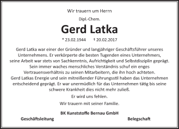 Traueranzeige von Gerd Latka von Märkische Oderzeitung