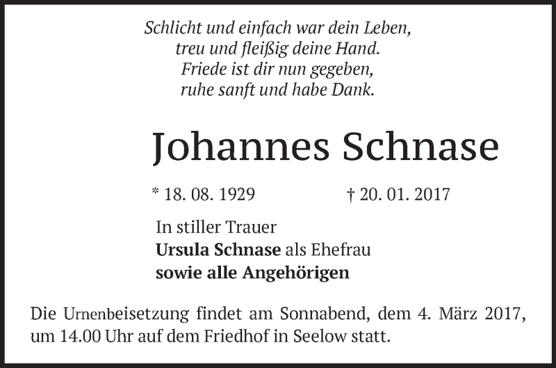  Traueranzeige für Johannes Schnase vom 22.02.2017 aus Märkische Oderzeitung