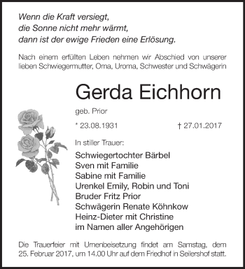 Traueranzeige von Gerda Eichhorn von Märkische Oderzeitung