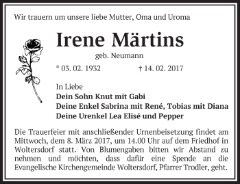 Traueranzeige von Irene Märtins von Märkische Oderzeitung