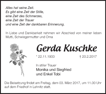 Traueranzeige von Gerda Kuschke von Märkische Oderzeitung