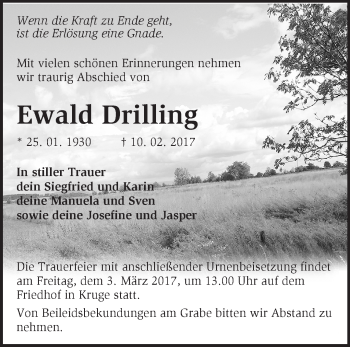 Traueranzeige von Ewald Drilling von Märkische Oderzeitung