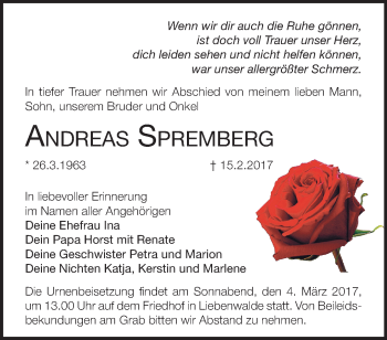 Traueranzeige von Andreas Spremberg von Märkische Oderzeitung