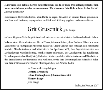 Traueranzeige von Grit Grusenick von Märkische Oderzeitung