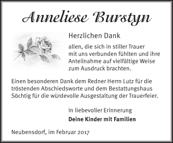 Traueranzeige von Anneliese Burstyn von Märkische Oderzeitung