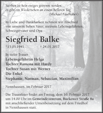 Traueranzeige von Siegfried Balke von Märkische Oderzeitung