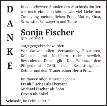 Traueranzeige von Sonja Fischer von Märkische Oderzeitung