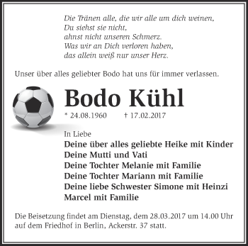 Traueranzeige von Bodo Kühl von Märkische Oderzeitung