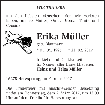 Traueranzeige von Erika Müller von Märkische Oderzeitung