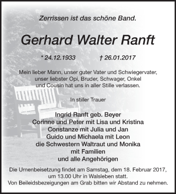 Traueranzeige von Gerhard Walter Ranft von Märkische Oderzeitung